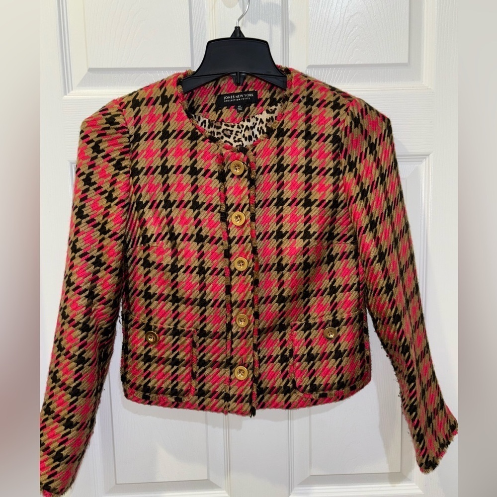 Jones New York Signature Women Short Jacket BLAZER Sz 6P PLAID PINK/BLACK/TAN.‌‌ - Picture 6 of 9